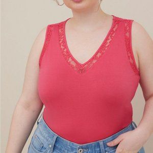 Torrid Pink Classic Fit Feather Soft Slub Lace Trim V-Neck Tee - 4X